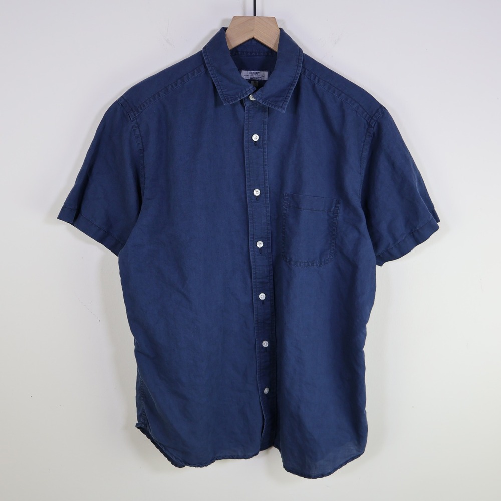 Y2K Old Navy Linen Blend Short Sleeve Button Down Size Medium Coastal Navy